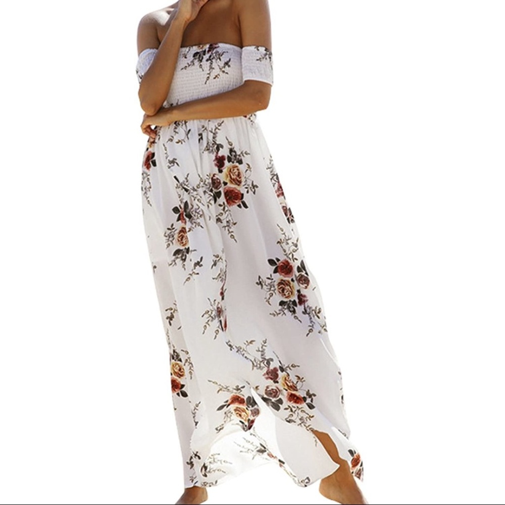Floral Off The Shoulder Split Chiffon Maxi Beach Dress - Picture 3 of 8